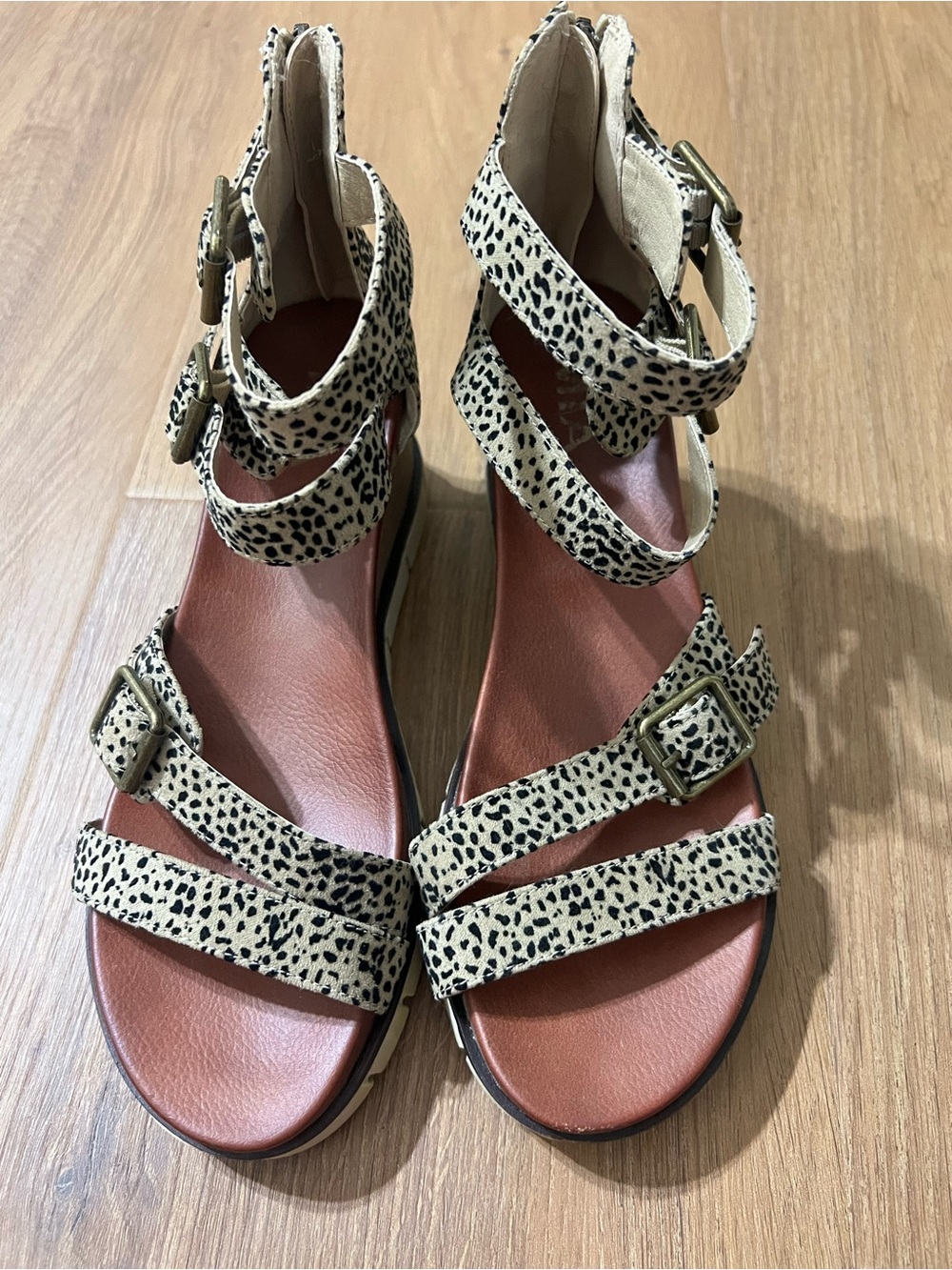 MIA Leopard-Print Multi-Strap Sandals in Beige and Black